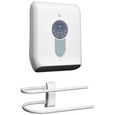 En elektrisk handtork med digital display och runda manöverknappar, inklusive ett handformad hållare för fästning.