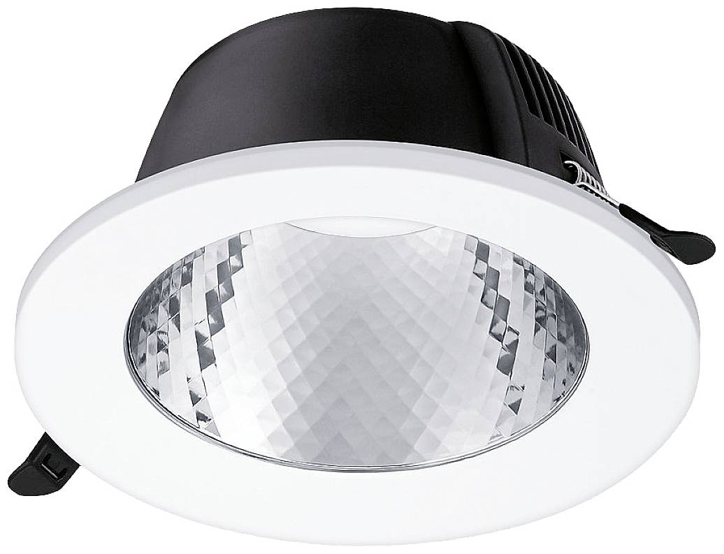 En rund, vit LED-downlight med reflekterande inneryta och svart baksida, lämplig för takmontering.