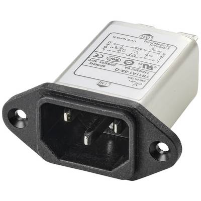 En rektangulär elektrisk nätfilter med svart hölje och metallbaksida, visar anslutningar och tekniska specifikationer på ovansidan.
