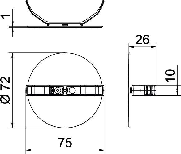 Teknisk teckning av en rund väggknapp: Ovanifrånvy visar 75 mm bredd och 72 mm diameter. Sidoskärning visar 26 mm längd och 10 mm fästanordning.