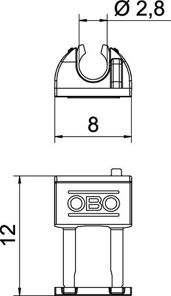 Teknisk ritning av ett fäste med dimensioner: 8 mm bredd, 12 mm höjd. Ovanpå: Rundning med öppning. Märkt med 'OBO'.