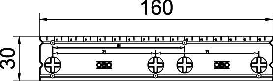 Teknisk ritning av en rektangulär komponent med måtten 160 mm längd och 30 mm höjd, visar flera fästpunkter.