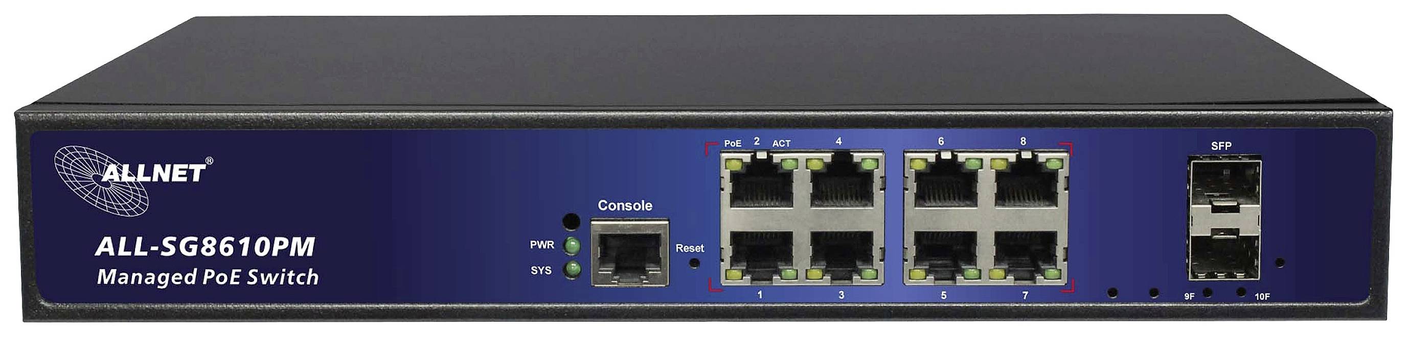 En svart nätverksswitch med åtta Ethernet-portar och två SFP-platser. Märkt med 'ALLNET' och 'Managed PoE Switch'.