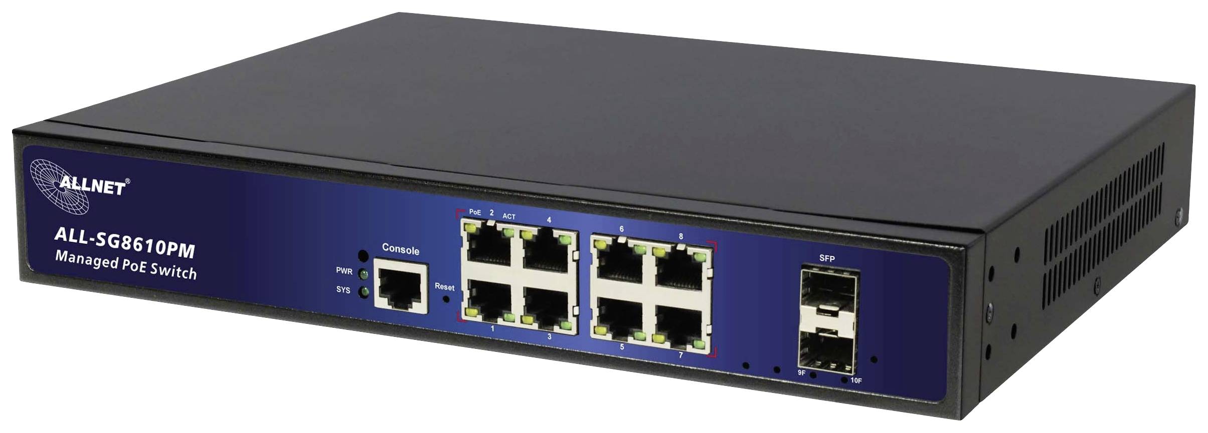 En svart nätverksswitch från ALLNET med åtta Ethernet-portar och två SFP-portar, lämplig för PoE-tillämpningar.