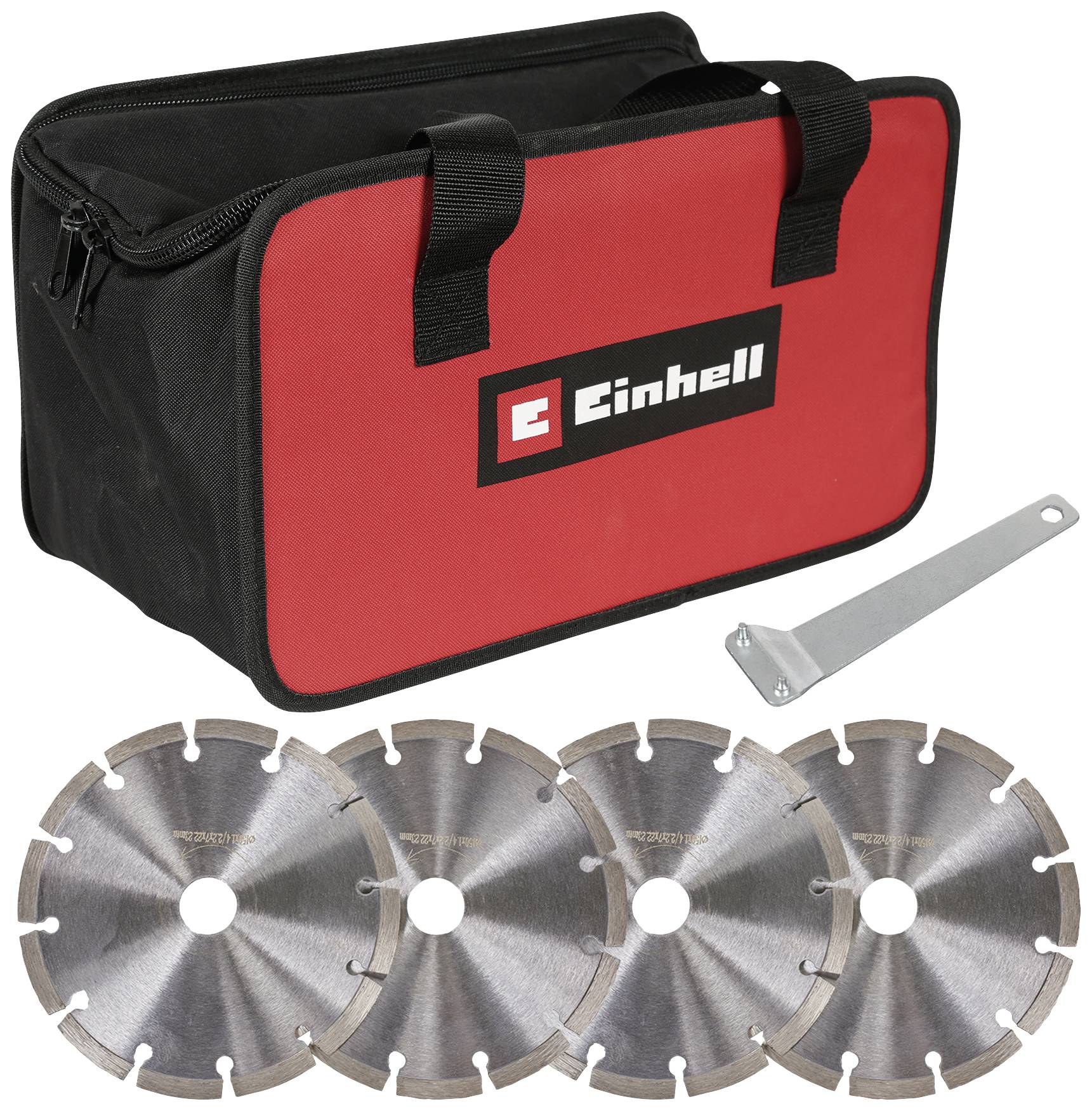 Högkvalitativ Einhell bärväska med logotyp innehåller fyra cirkelformade sågklingor och en metallnyckel, lämplig för hantverkare.