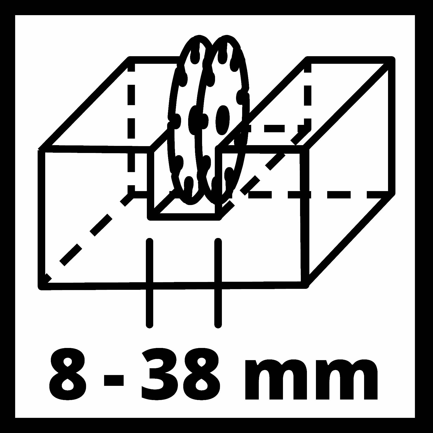 Symbol för en borr för materialstjocklekar mellan 8 och 38 mm.