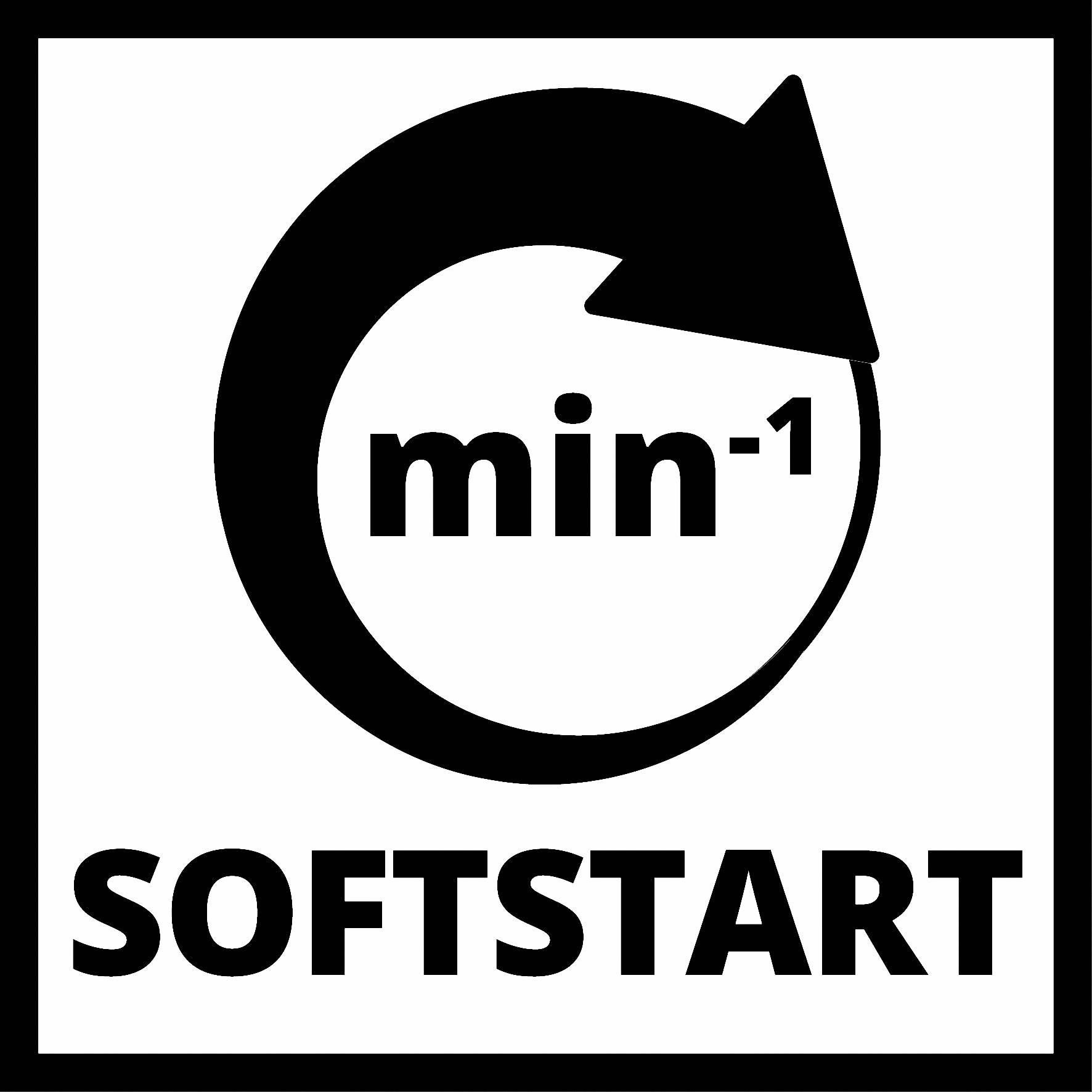 Symbol för mjukstart med en pil som roterar medurs runt 'min-1', vilket indikerar en mjuk accelerationsfunktion.