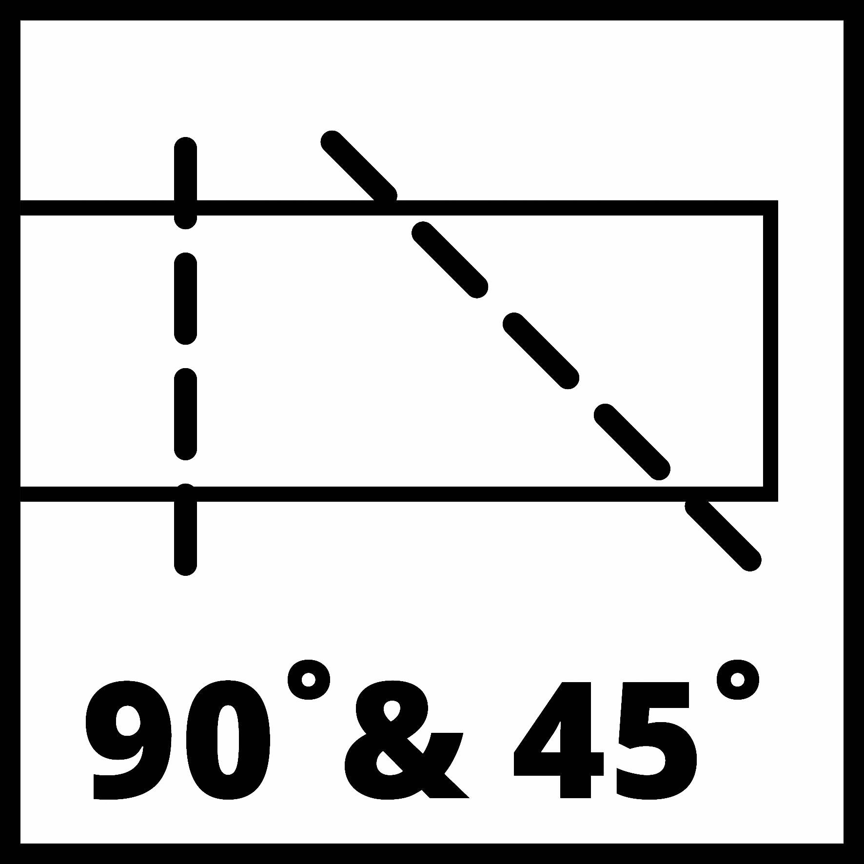 Diagrammet visar två typer av snedskärningar: 90 grader och 45 grader. Linjerna illustrerar skärvinklarna på rektangelformen.