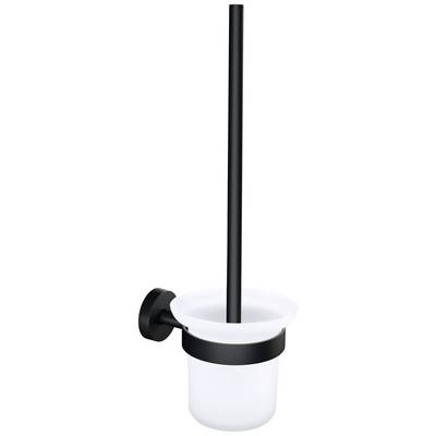 Svart toalettborste med väggfäste och vit behållare, stilren och elegant design, för hygienisk rengöring.