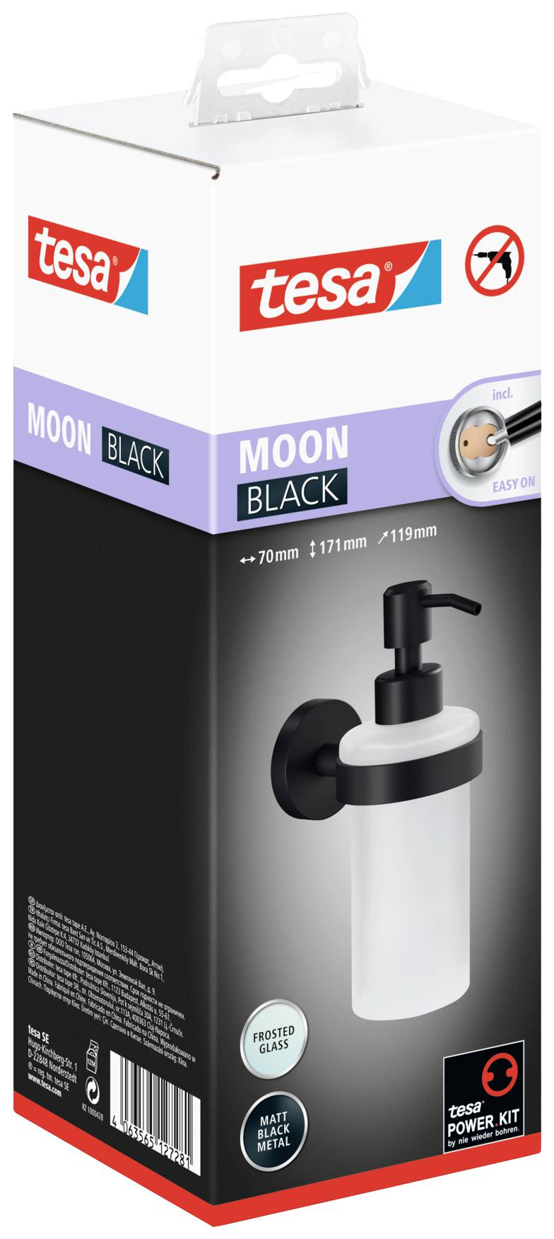 Tvålbehållare i svart design från tesa Moon, väggmonterad, med matt glasbehållare. Montering utan borrning.