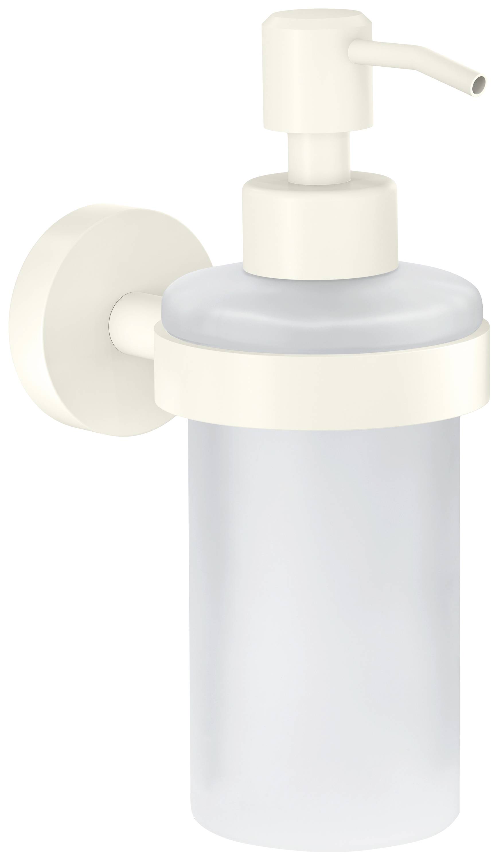 Väggmonterad tvålpump med vit, smal design och transparent flaska.