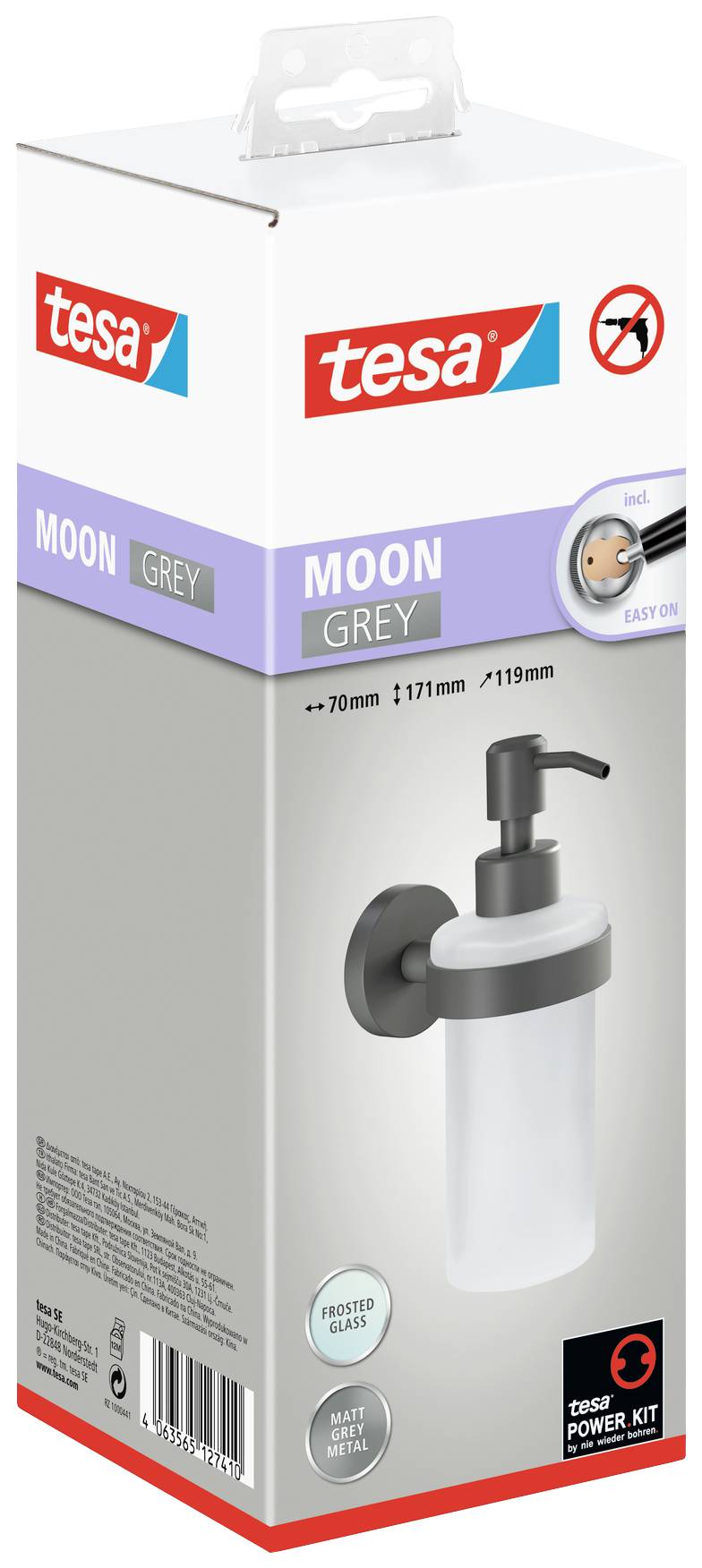 Förpackning för en Tesa 'Moon Grey' tvålpump med väggfäste. Innehåller installationsinstruktioner och bilder av produkten.
