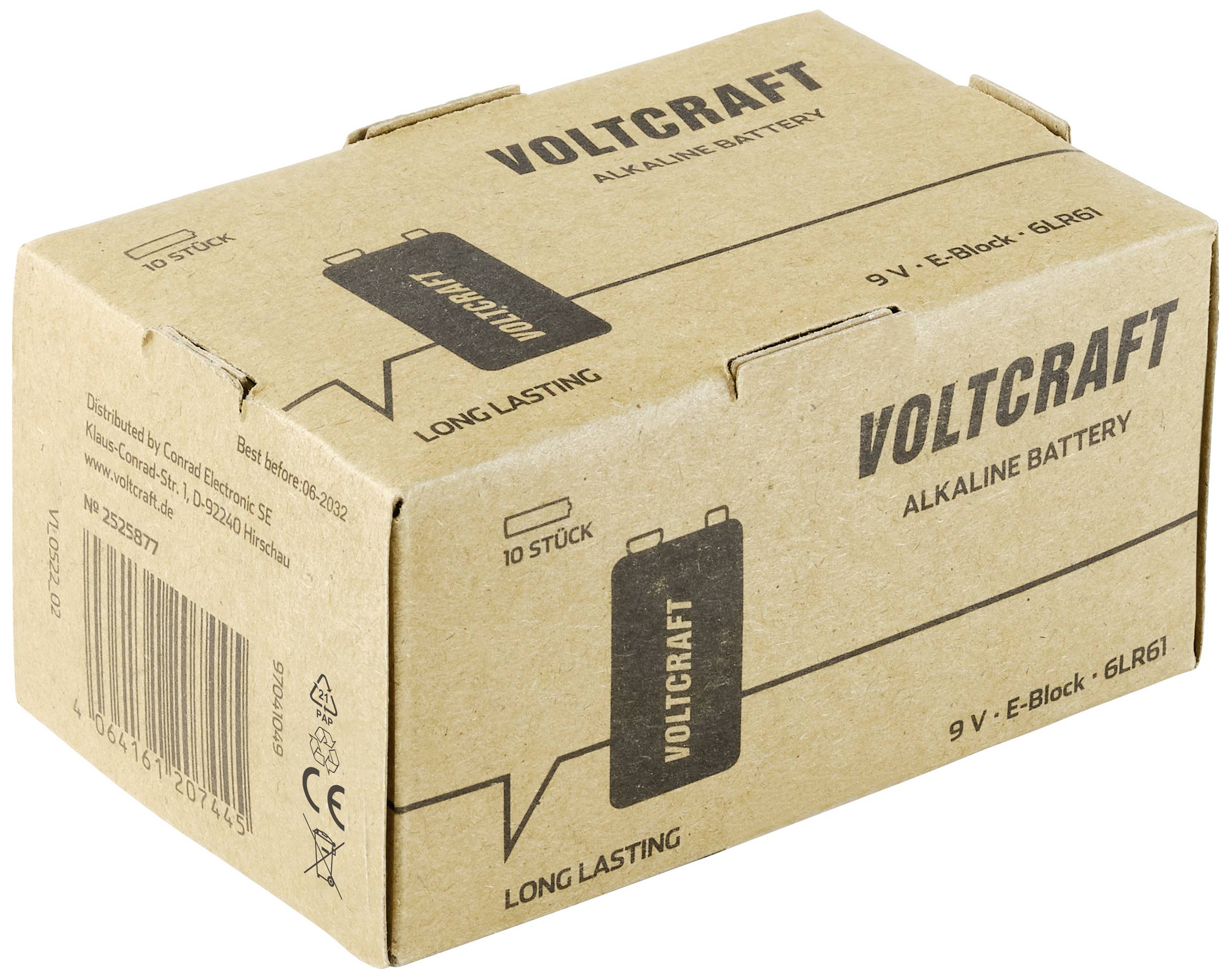 Pappkartong märkt 'Voltcraft Alkaline Battery', visar 9V-batterier. Designen tyder på 'lång livslängd' och en kvantitet om '10 stycken'.