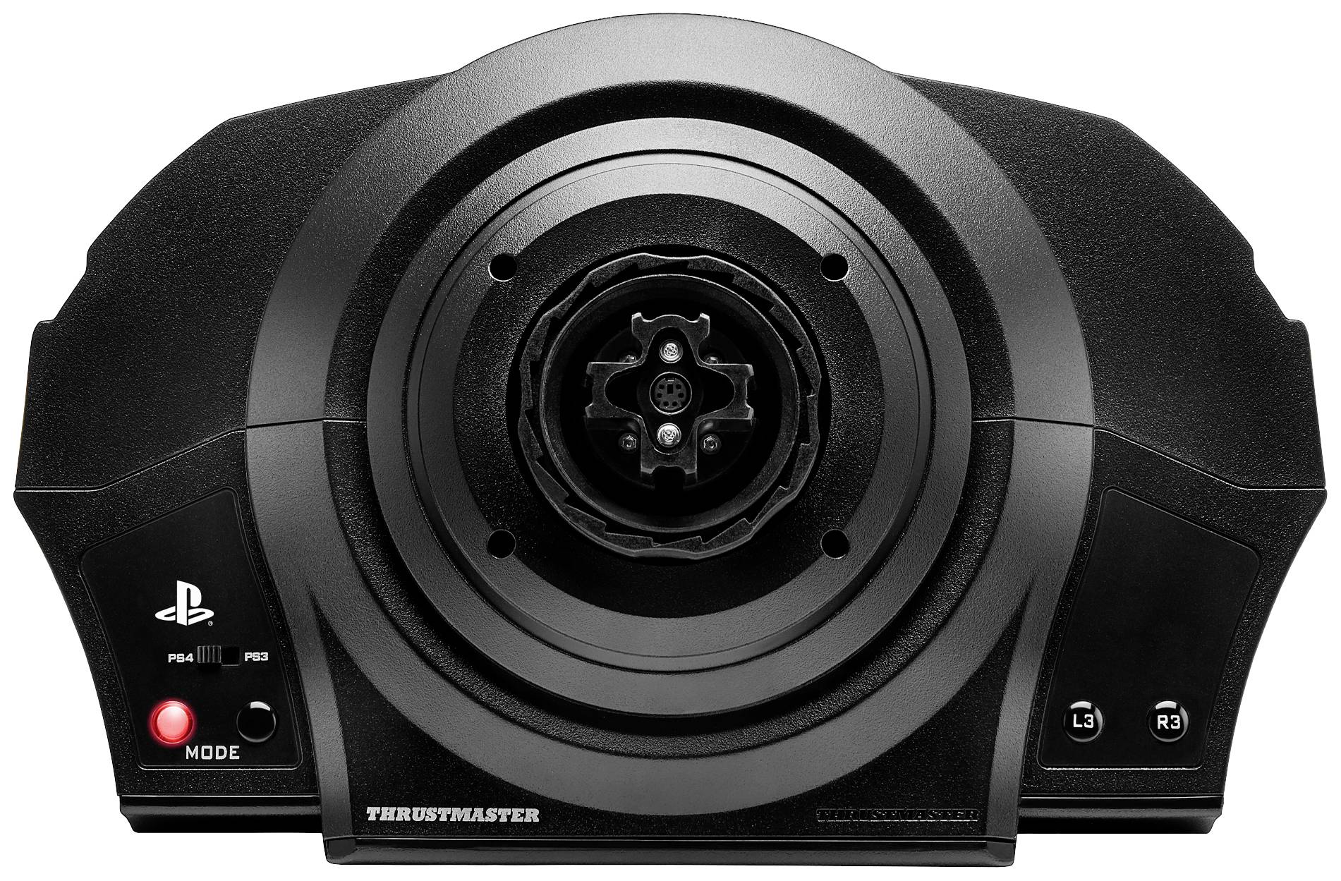Svart Thrustmaster-ratthusvagn med PlayStation-logo, läge och knapp.