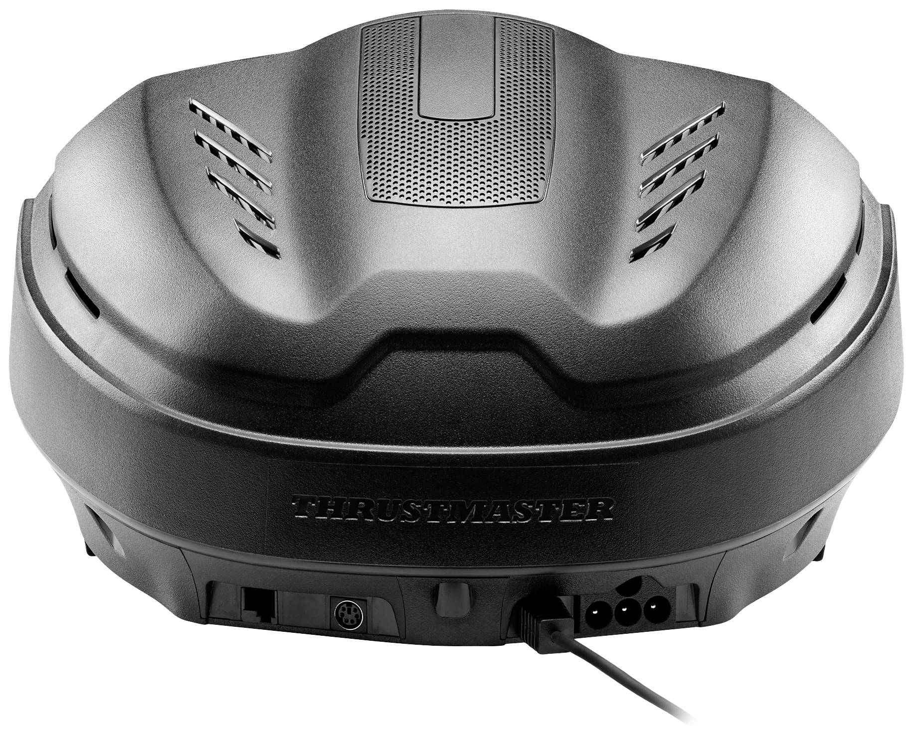 En svart Thrustmaster-enhet med ventilationsspringor och anslutningsportar på baksidan. Lämplig för gamingutrustning.