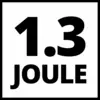 '1,3 JOULE' står i stora svarta bokstäver på en vit bakgrund.