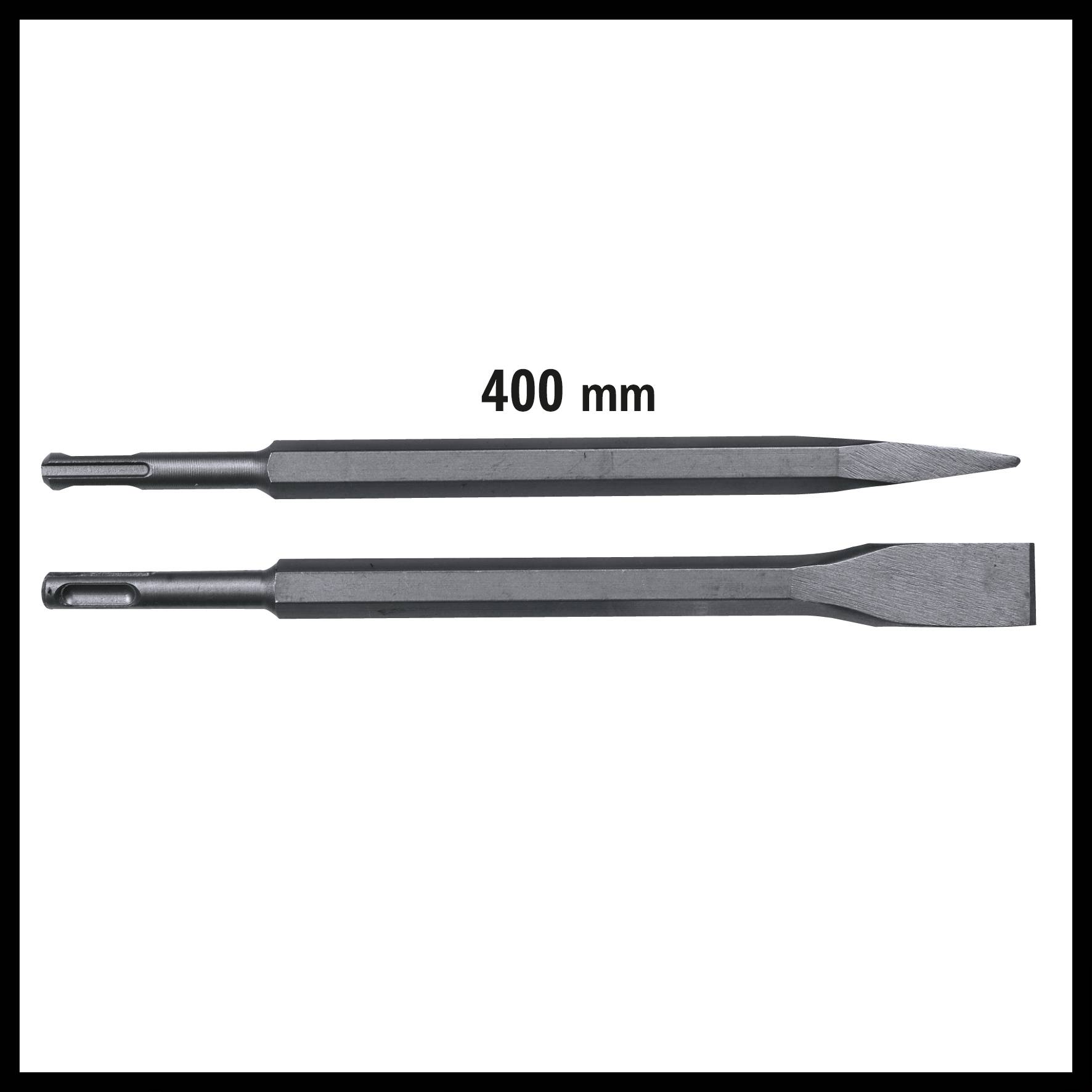 Två betongmejslar med SDS-fäste. Den övre mejseln har en spets, den undre har ett plant blad. Båda är 400 mm långa.