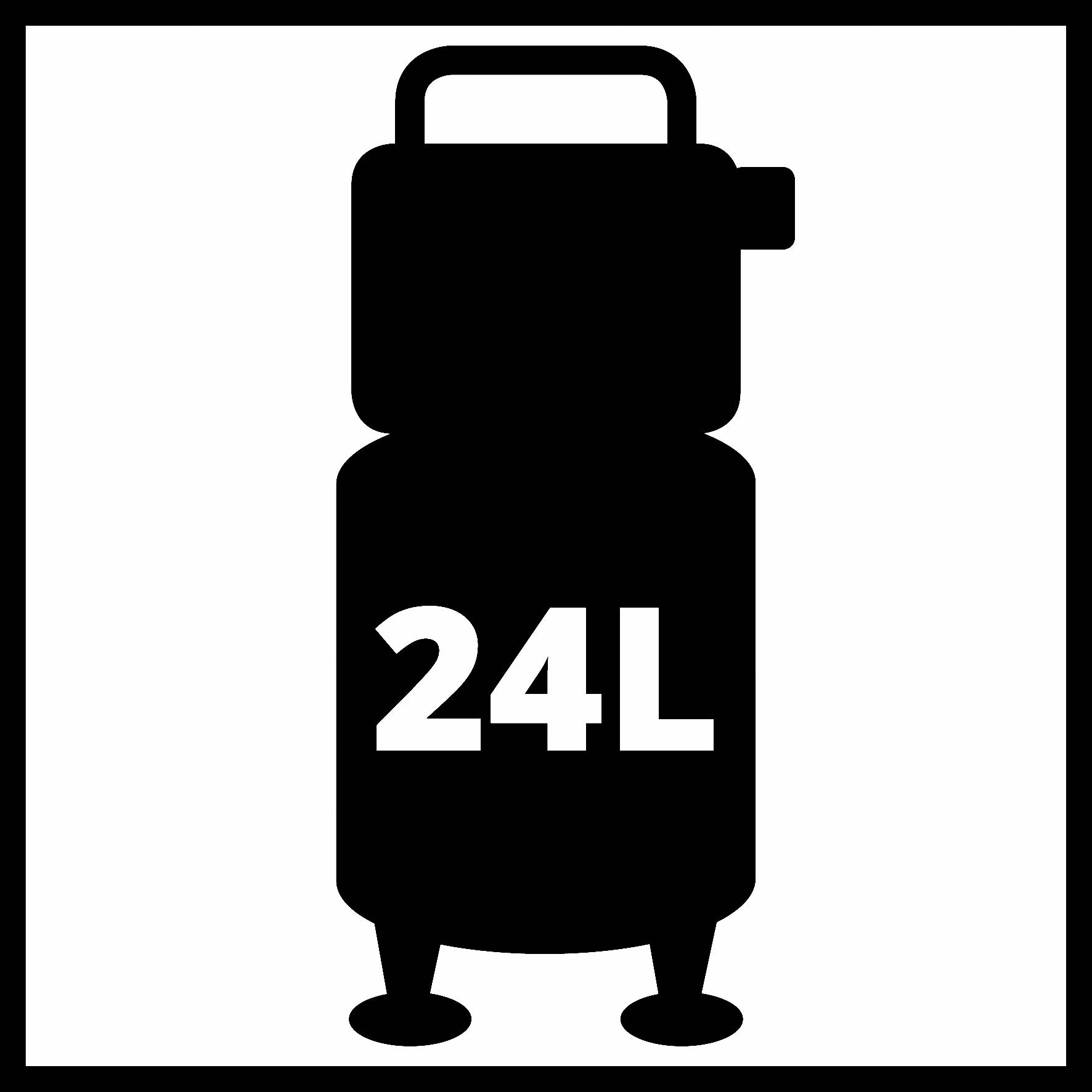 Denna illustration visar en stiliserad, svart silhuett av en cylindertank märkt '24L', sannolikt en kompressor.