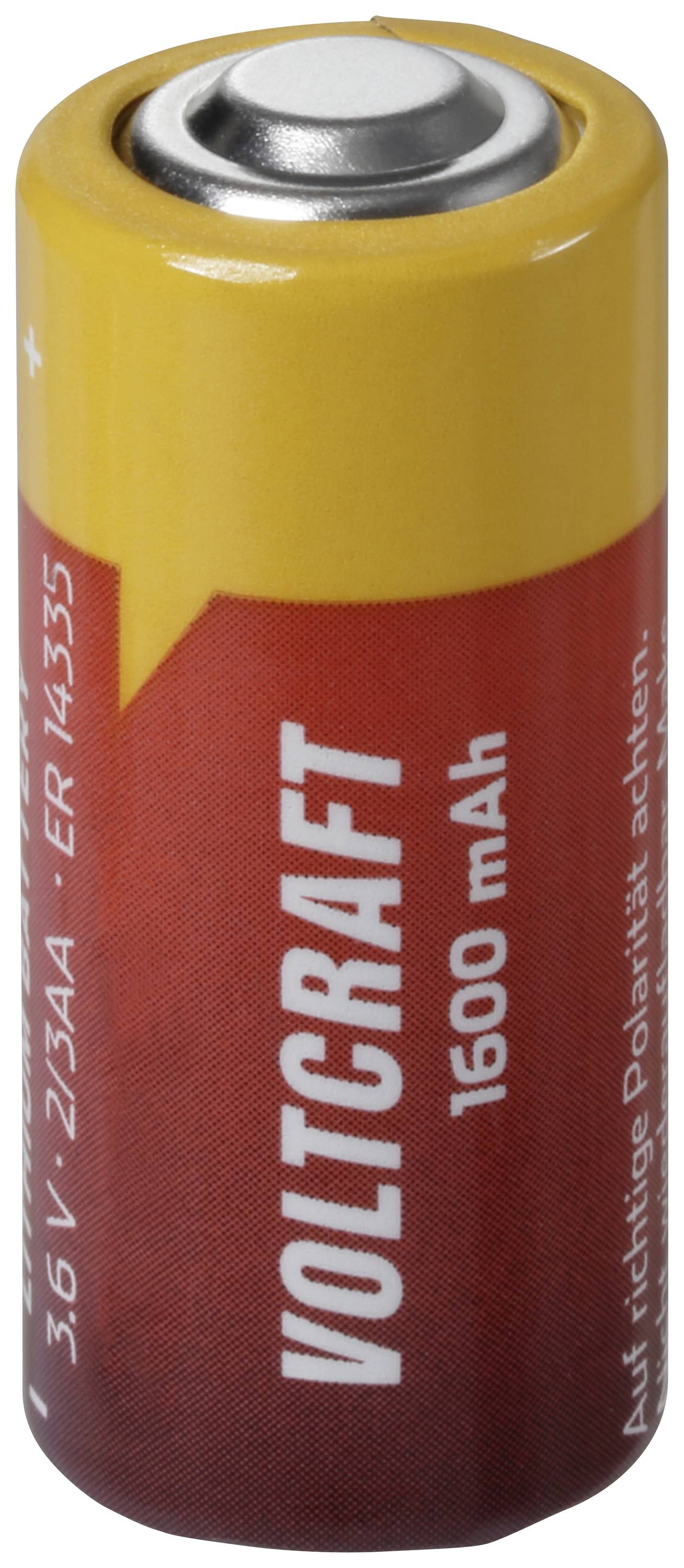 En gul och röd uppladdningsbar batteri med texten 'Voltcraft 1600 mAh', avsedd för 3,6V energi.