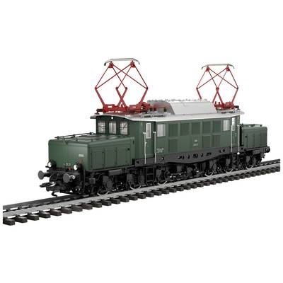 Grön modell av en elektrisk lokomotiv på räls, med röda strömavtagare och detaljerad framställning av de tekniska egenskaperna.