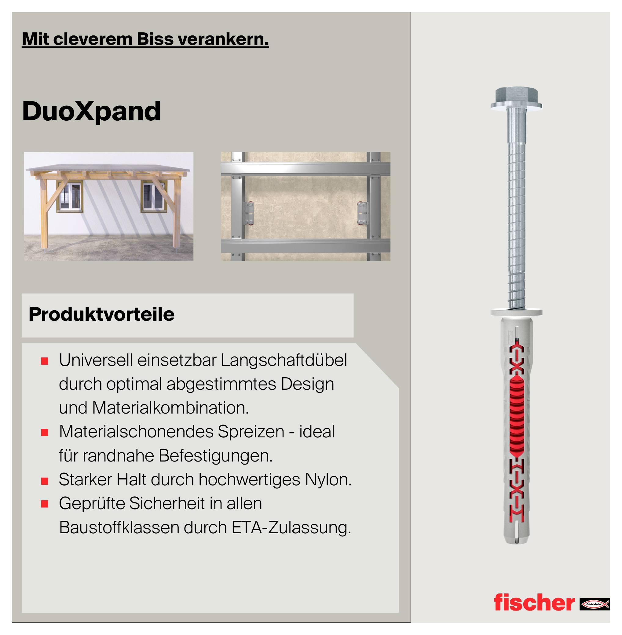 Reklamaffisch för Fischer DuoXpand-långskaftdybel med produktbilder och fördelslista; visar universell, materialskonande fäststöd med ETA-godkännande.