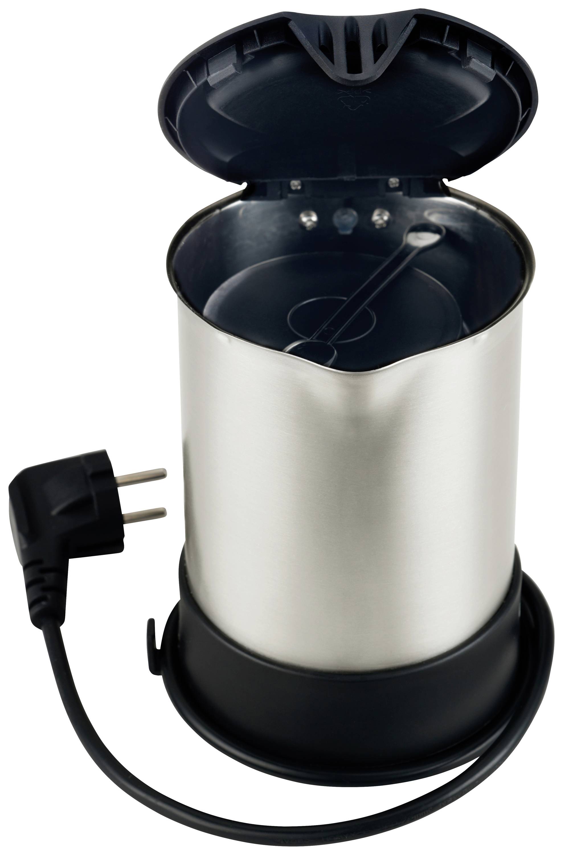 'Elektrisk vattenkokare i rostfritt stål med öppet lock, synligt innerutrymme och nätkontakt. Perfekt för snabb uppvärmning av vatten.'