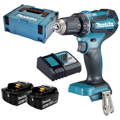 Batteridriven skruvdragarsats med laddare, två batterier och bärväska. Varumärket 'Makita' synligt på alla delar.