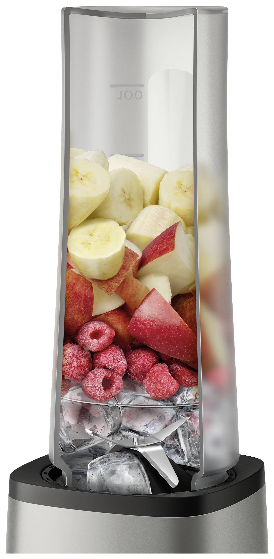 Mixa frysta hallon, äpplen, bananer och isbitarna.