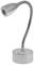 Silvrig skrivbordslampa med böjbar hals och rund bas, lämplig för riktad belysning av arbetsytor.