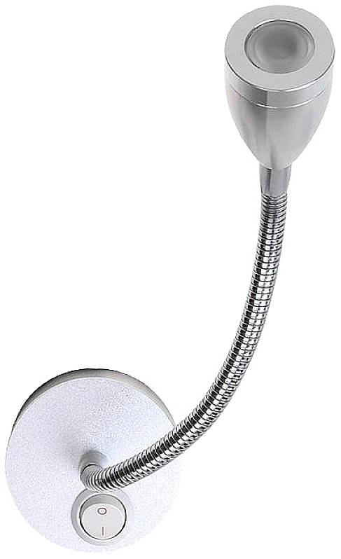 Flexibel silverfärgad vägglampa med rund skärm och flexibel arm; vippströmbrytare vid basen.