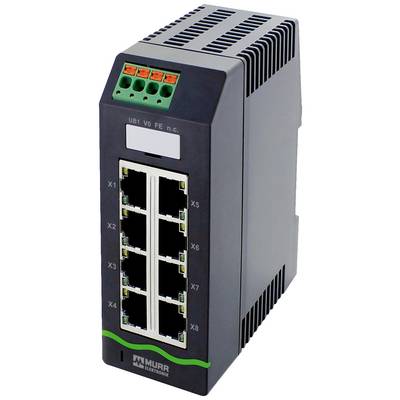 Industriell Ethernet-switch med 8 portar, lämplig för industriella tillämpningar. Visar varumärkeslogotyp och flera anslutningsalternativ.