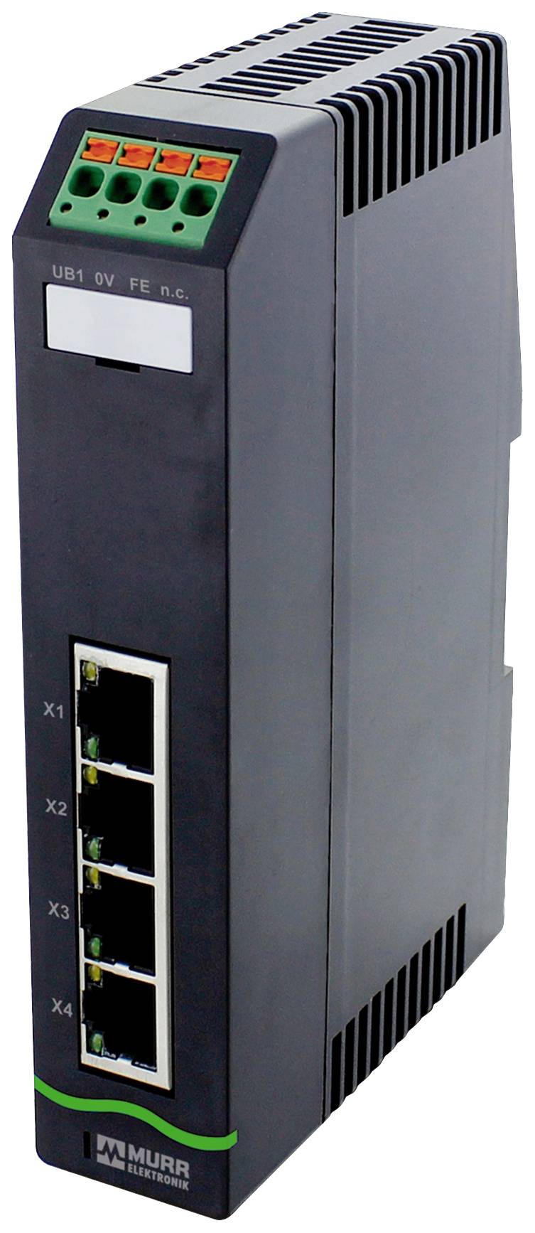 En industri-switch med fyra Ethernet-portar och strömuttag, märkt med 'Murr Elektronik', i svart hölje.