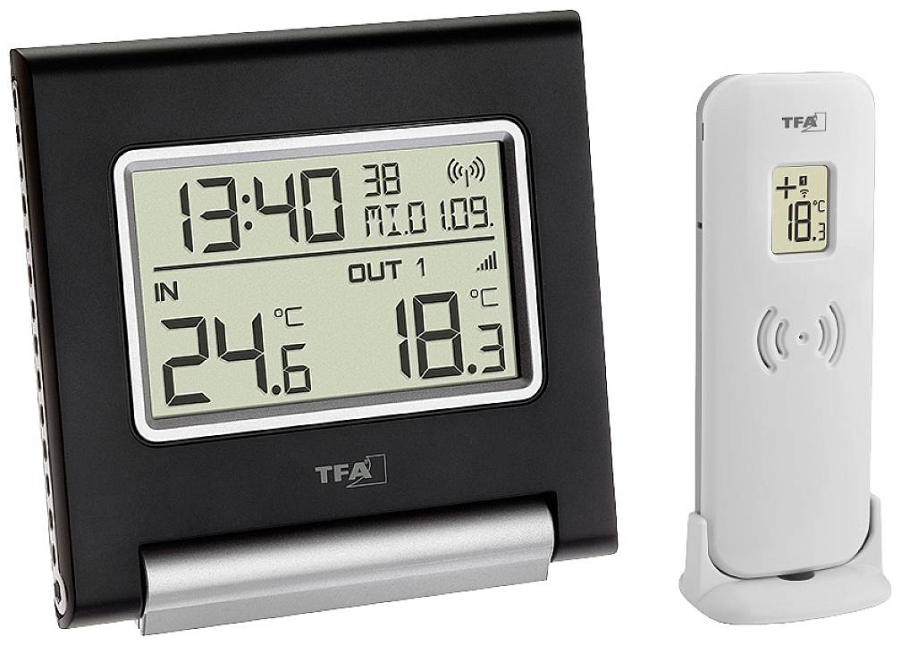 Digitalt termometer med två displayer: 'IN' visar 24,6 °C, 'OUT' visar 18,3 °C. Längst ner till höger finns en extern sensor.