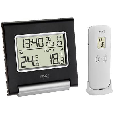 Digitalt termometer med två displayer: 'IN' visar 24,6 °C, 'OUT' visar 18,3 °C. Längst ner till höger finns en extern sensor.