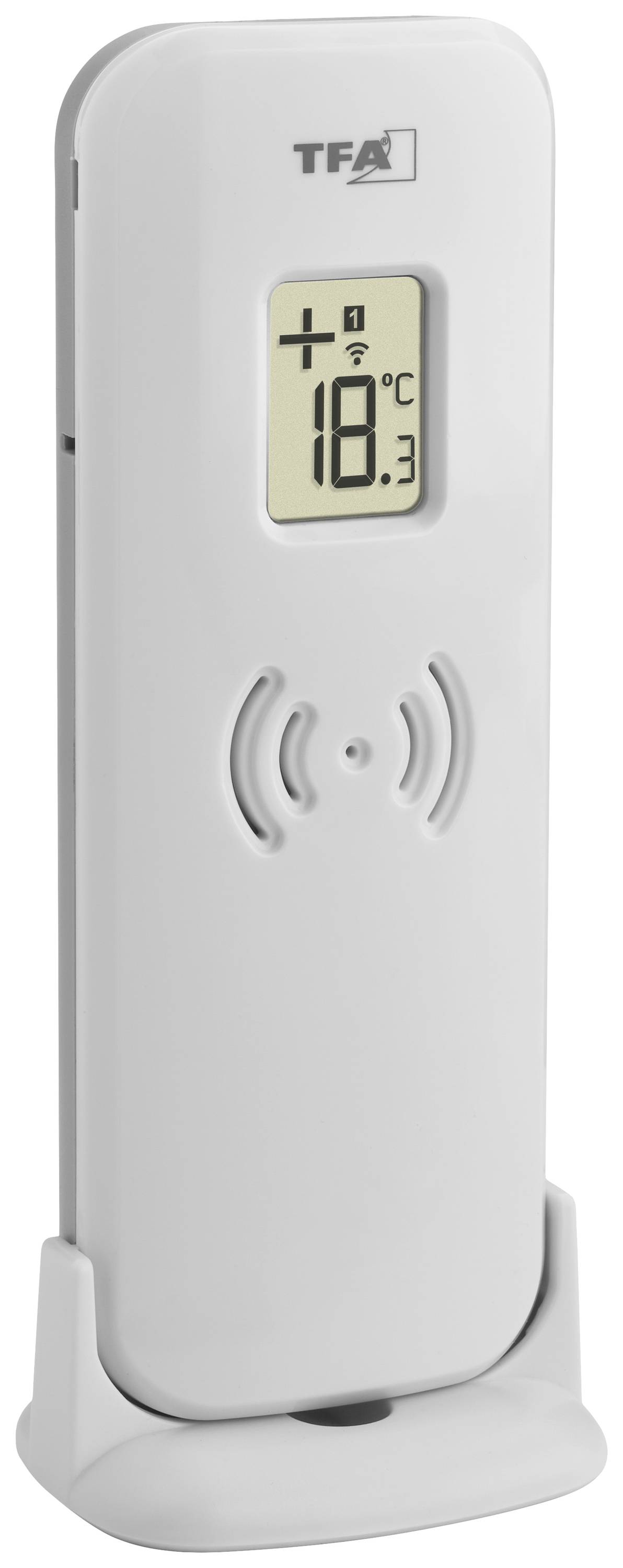 Vit digital väderstation på ett stativ, visar temperaturen 18,3°C.