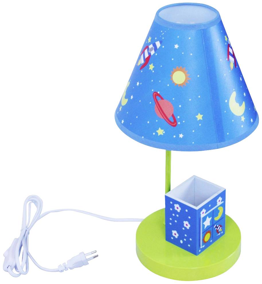 Blå bordslampa med rymdmotiv som raketer och planeter. Gul-grön bas med matchande pennställ.