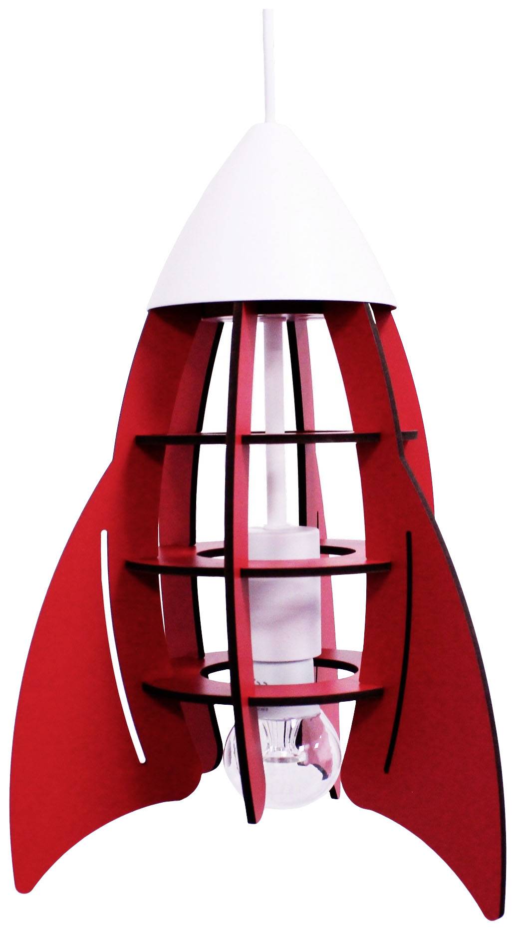 Röd och vit raketformad lampa med öppen design, hängande från taket, med synlig glödlampa i mitten.