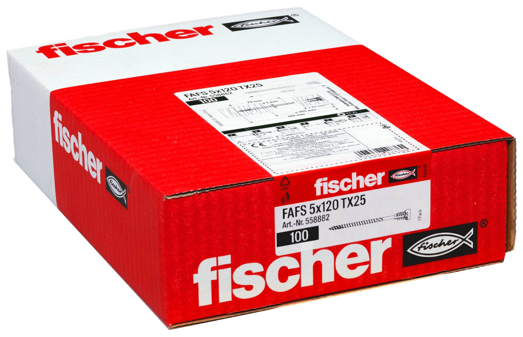 Röd Fischer-produktlåda med fästdelar, etikett "FAFS 5x120 TX25" med kvantitet 100, visad på vit bakgrund.