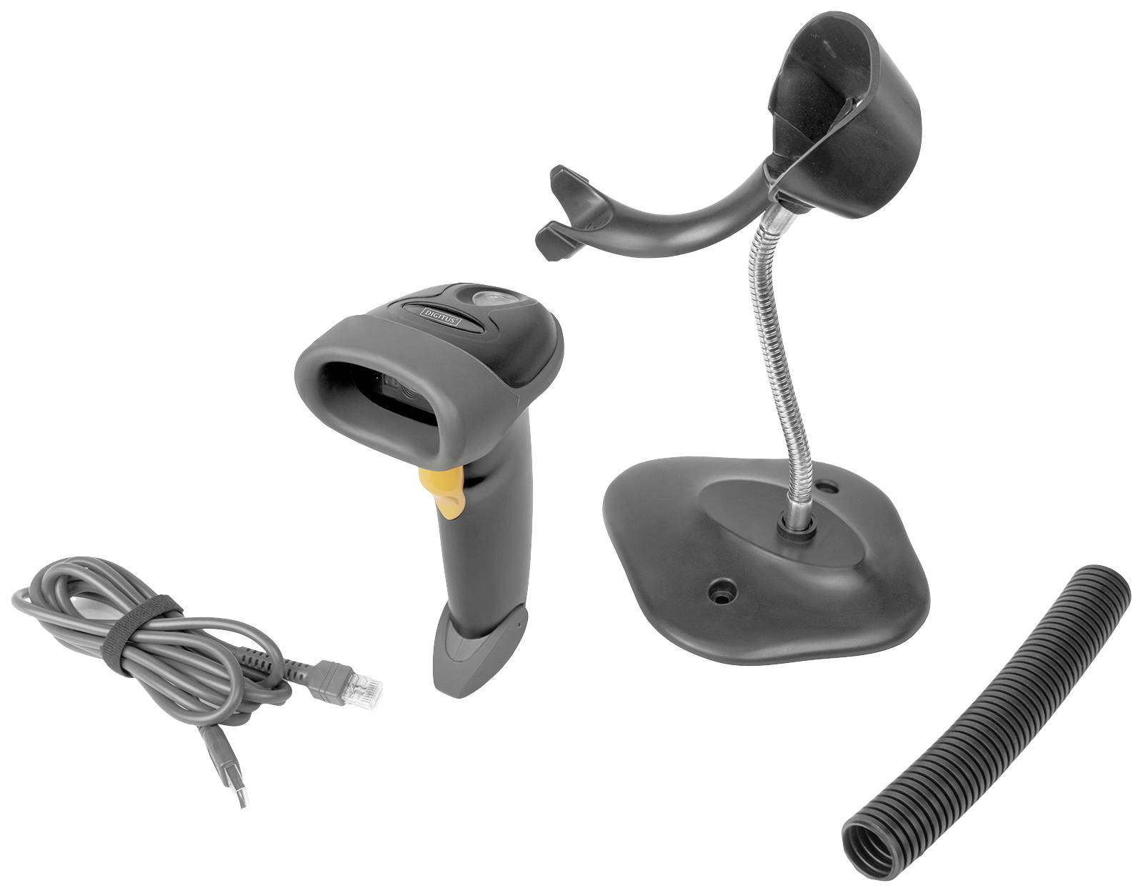 En streckkodsscanner med hållare och kabel, redo för installation. Scannern är trådlös, svart och gul, med tillhörande stativ.
