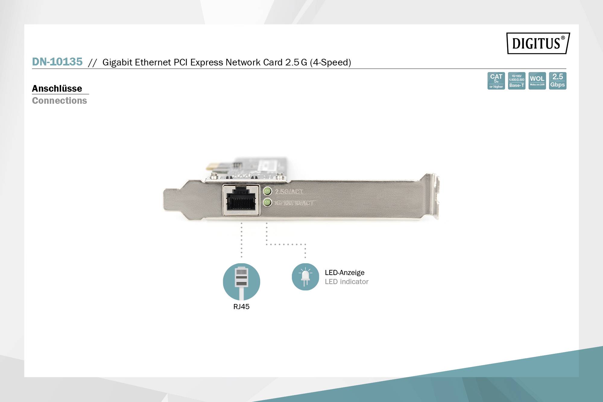 Bilden visar ett PCI Express nätverkskort med RJ45-anslutning och LED-indikator för nätverksanslutning.