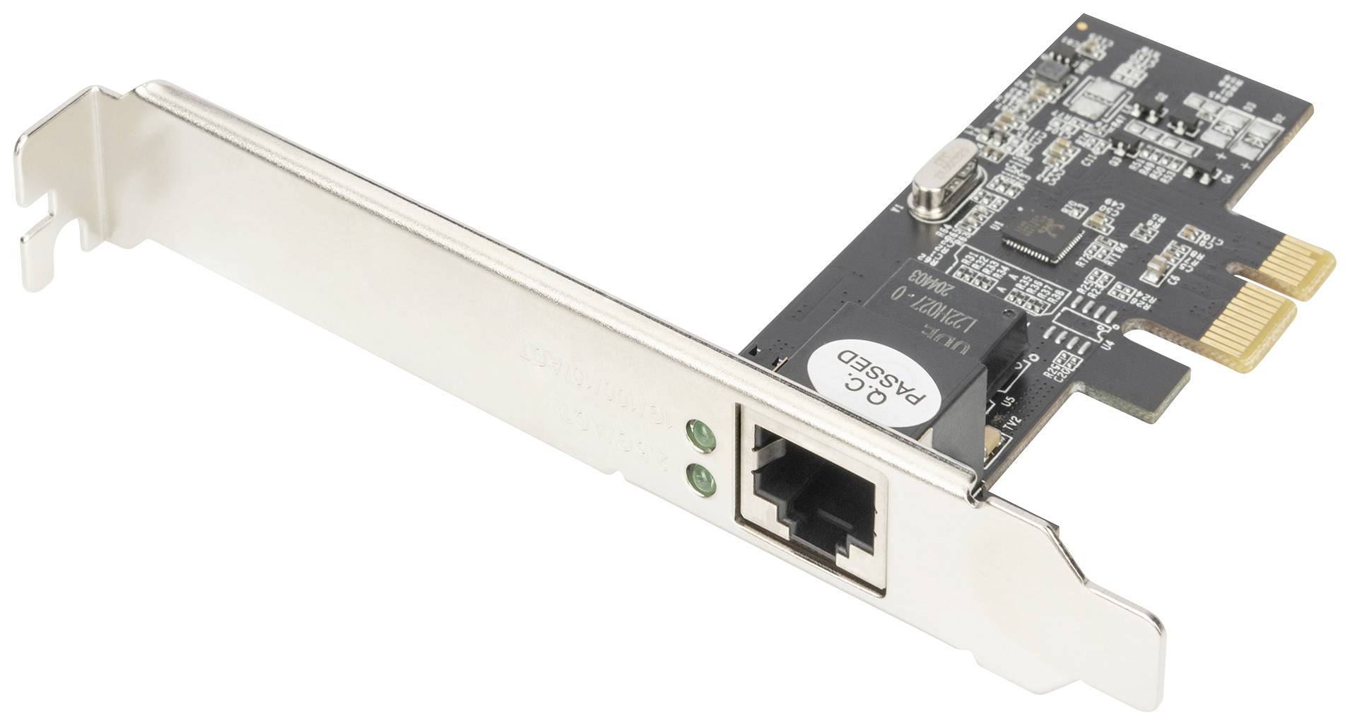 Nätverkskort i PCIe-format med Ethernet-anslutning och gröna LED-indikatorer, lämpligt för datornätverk i ett internt nätverk.