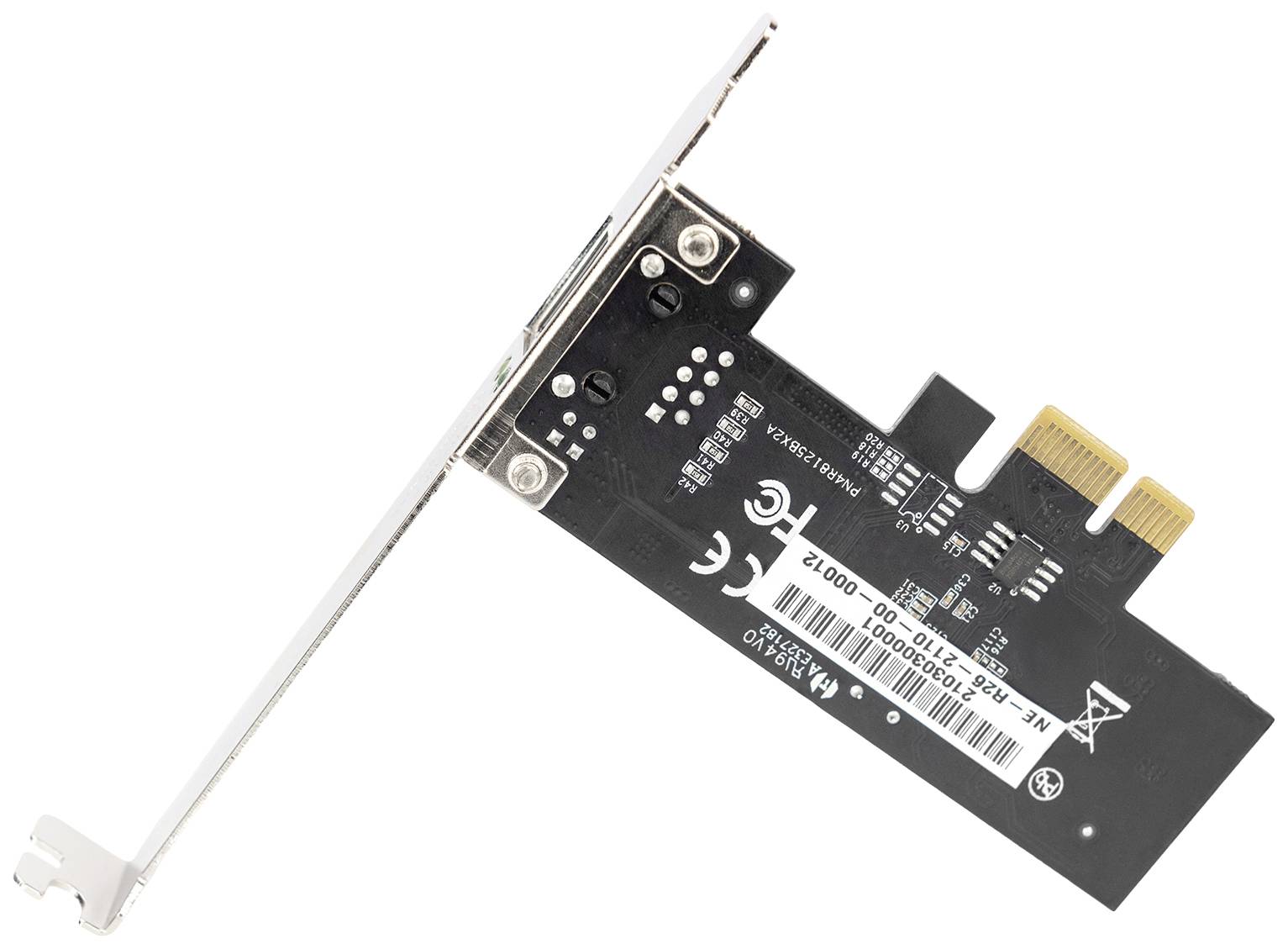 Ett PCIe-nätverkskort med metallmontering. Det visar kortplatsen och integrerade kretsar som används för nätverksanslutning.