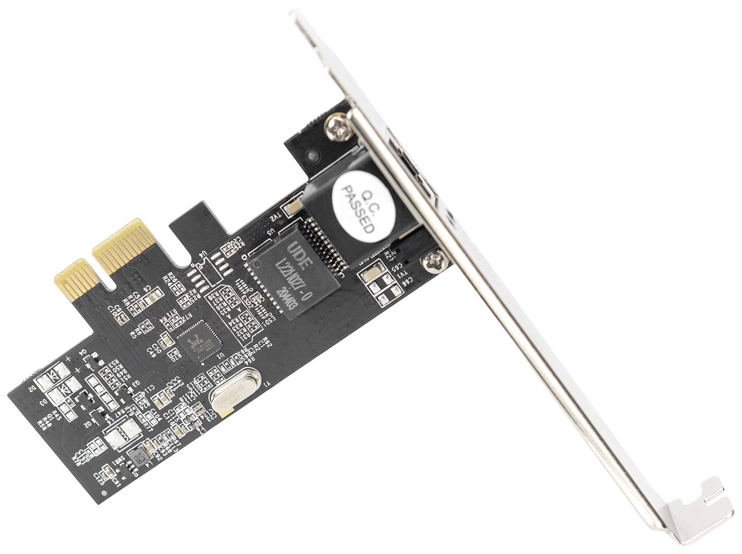Ett PCIe-expansionskort med elektroniska komponenter och en kontakt, använt för att utöka datorns funktionalitet.
