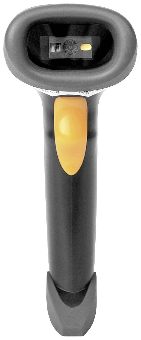 En svart handhållen streckkodsscanner med ett orange handtag, lämplig för skanning av streckkoder i butiks- eller lagermiljöer.
