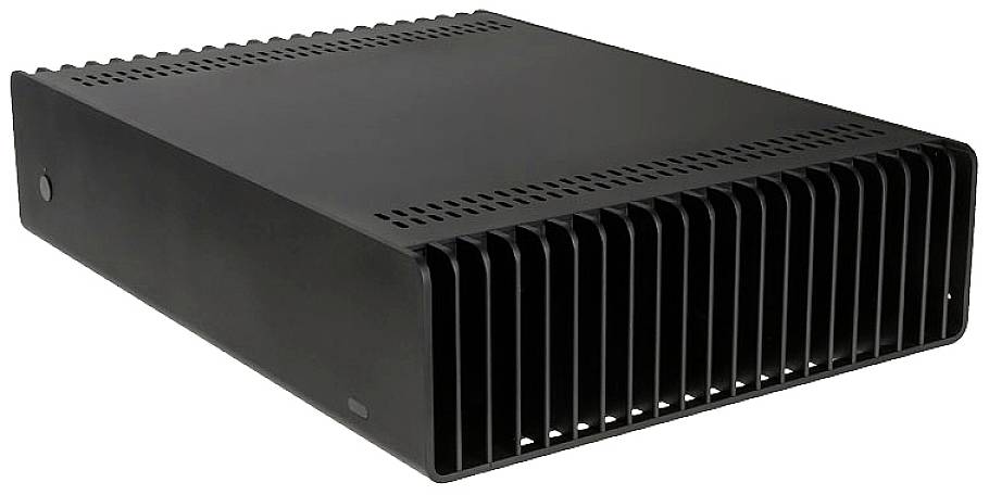 Svart, rektangulärt metallhölje med ventilationsöppningar, lämpligt för elektroniska enheter.