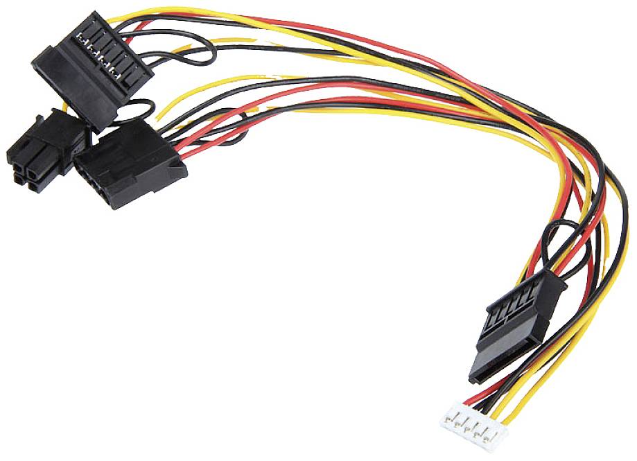 En knippe datorkablar med olika kontakter, bland annat SATA, Molex och en vit kontakt, på vit bakgrund.
