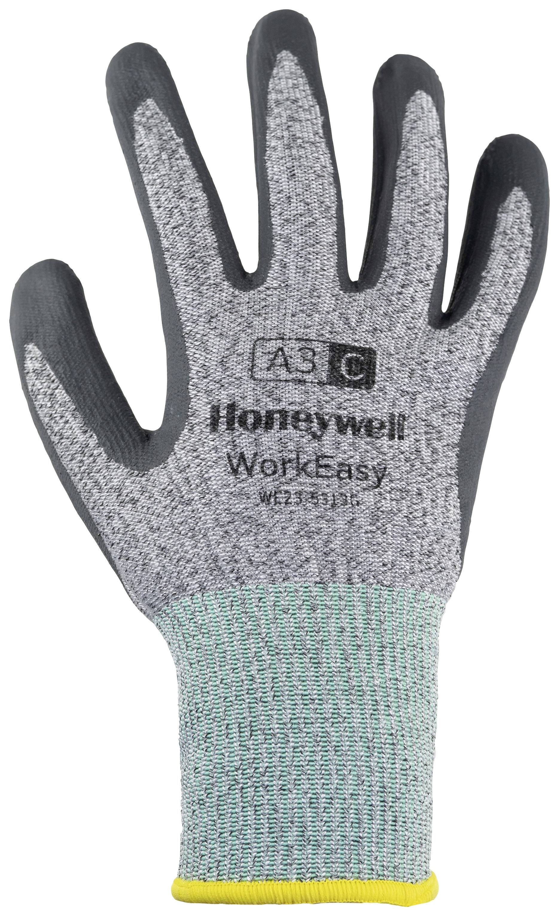Arbetshandske av grå tyg med svart gummibeläggning på fingrar och handflator. Påskrift: 'Honeywell WorkEasy'.