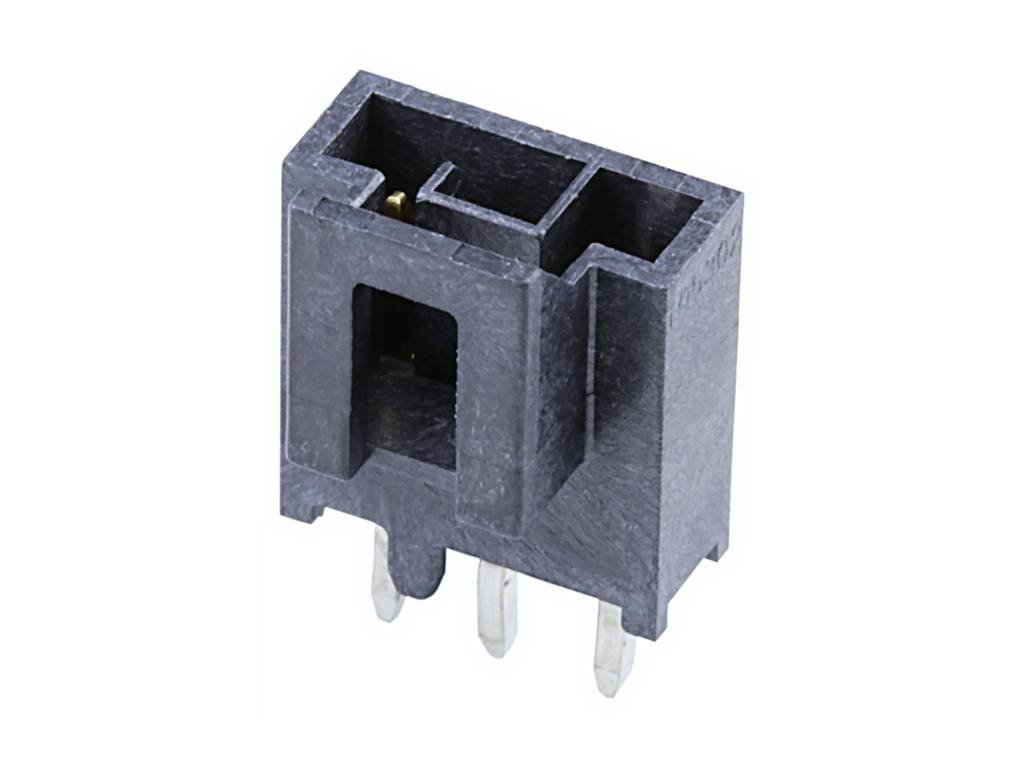 Svart elektrisk kontakt med tre metallstift, lämplig för elektroniska enheter för säker anslutning av kablar och kretsar.