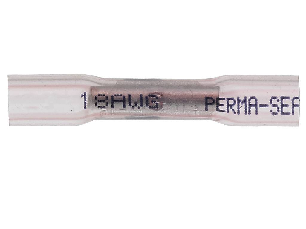 Transparent, cylindrisk förbindelsemuff märkt 18 AWG PERMA-SEAL.