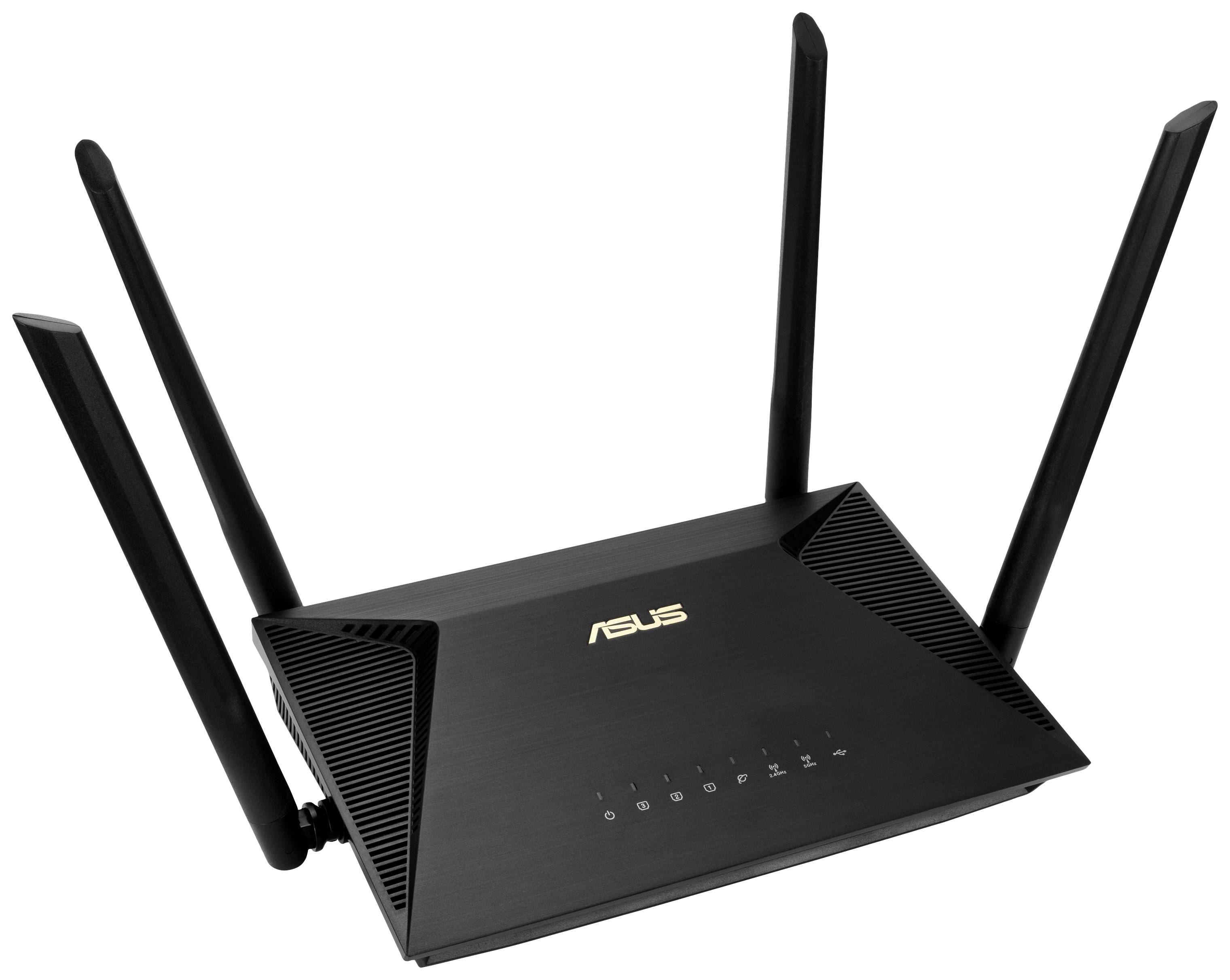 En svart WiFi-router med fyra antenn och en varumärkeslogotyp ovanpå.